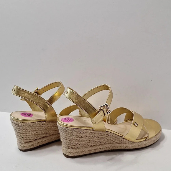 Tommy Hilfiger NEW Gold Platform Espadrille Ankle Strap Coquette Wedges Size 8.5 - Picture 6 of 13